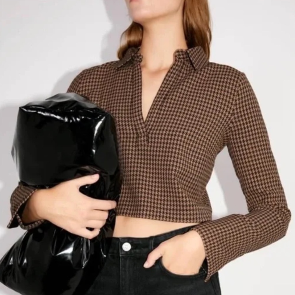 Zara Brown Houndstooth Collared Crop Top